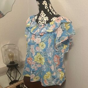 Loft Floral Ruffle Off-Shoulder Top - Blue